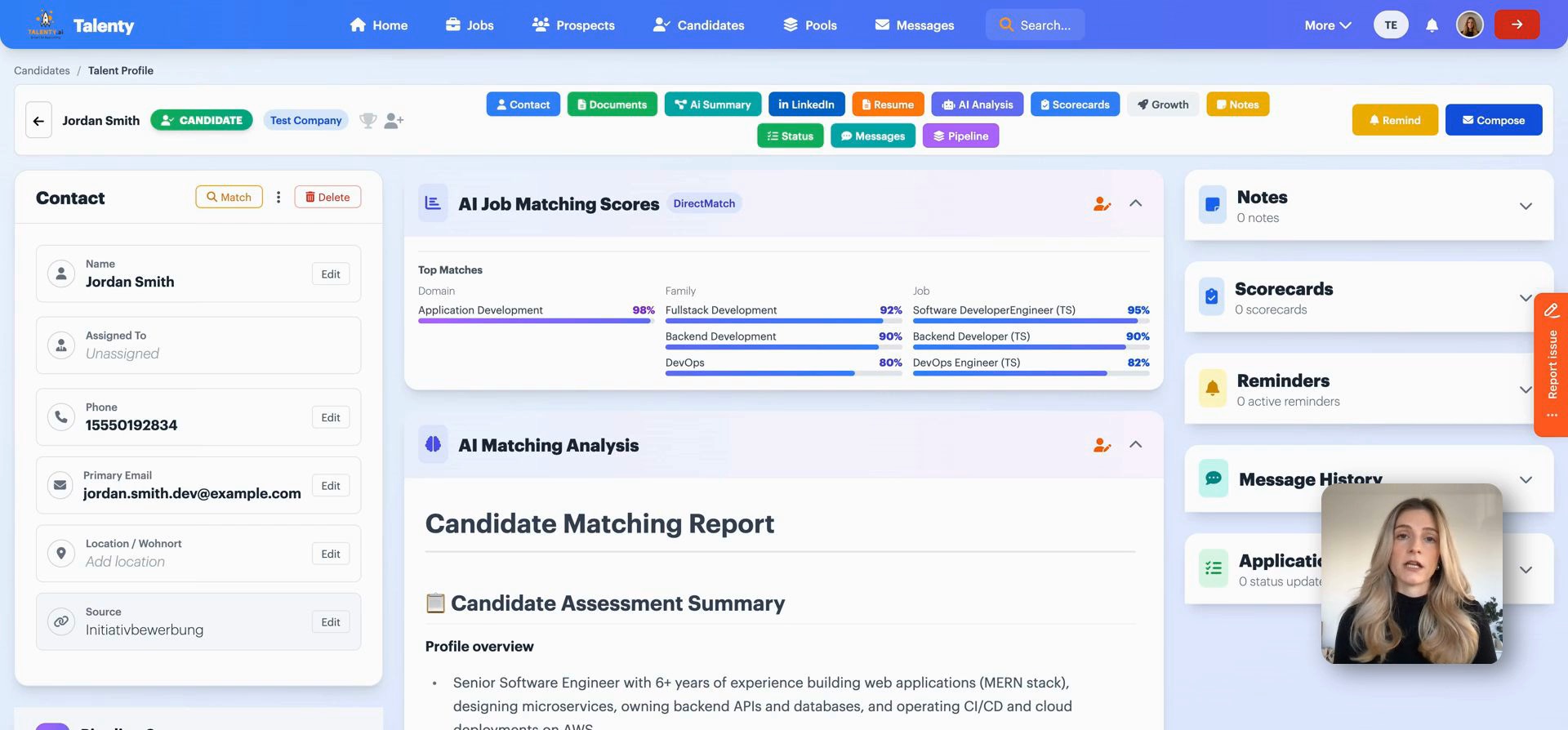 Talenty Produktoberfläche mit Kandidatenprofil, Analyse und Matching