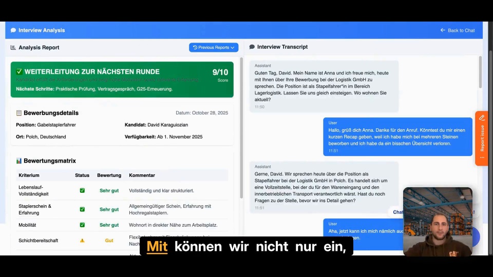 Talky zeigt Gesprächstranskript und strukturierte Auswertung